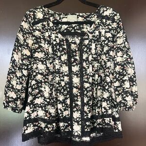 Anthropologie Maeve Black Floral Lace-Trim Peasant Blouse